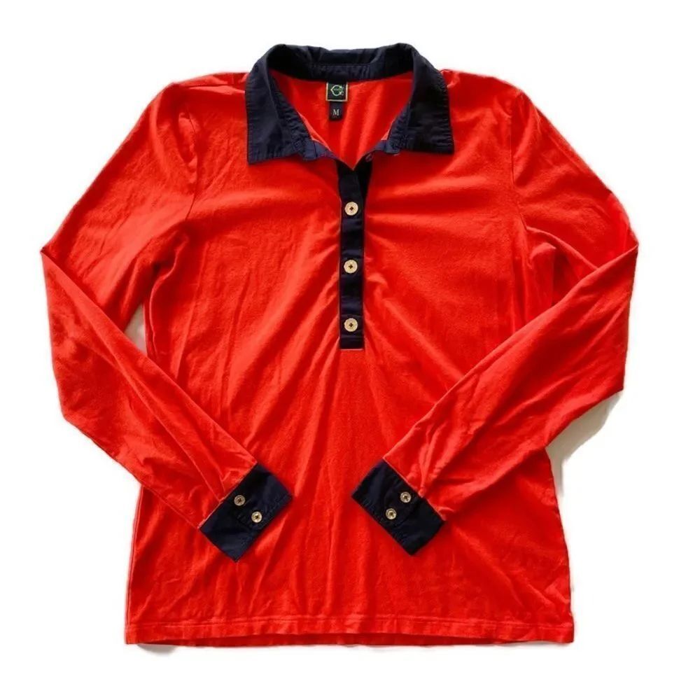 C. Wonder Long Sleeve Polo Shirt Preppy Top Orange Navy Blue Gold M